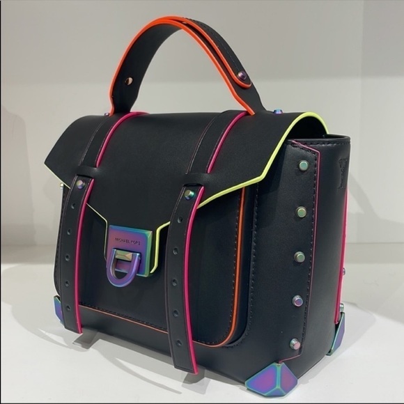 Michael Kors MK Manhattan neon contrast
trim black satchel bag crossbody - Picture 8 of 9